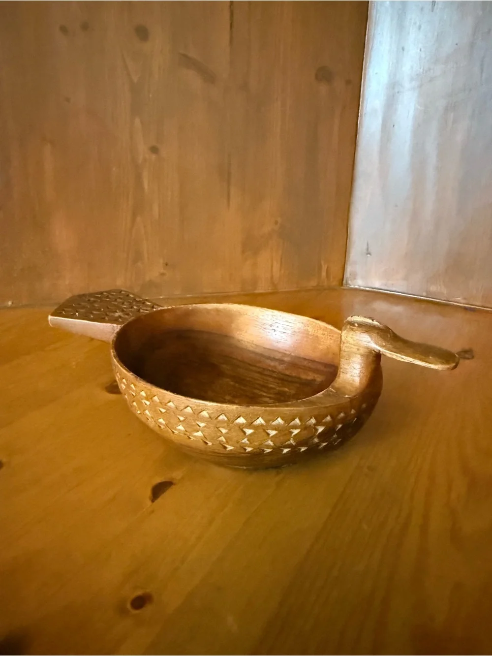 Vintage Hand Carved Wooden Duck Bowl Scandinavian Folk Art Kåsa Mid Century